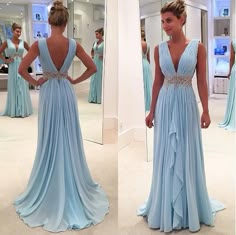 Modest Prom Gowns, Blue Prom Gown, Sky Blue Prom Dress, Prom Dresses Long Blue, High Low Evening Dresses, Beaded Party Dress, 파티 드레스, V Neck Prom Dresses, Long Prom Gowns