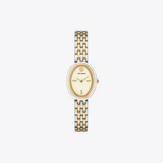 Elegant and feminine, an oval dial in two-tone stainless steel pairs with a classic link bracelet. A sophisticated and jewelry-like style that can be worn every day or with formal attire. Elegant Oval White Gold Watch, Classic Yellow Gold Oval Watch, Classic Oval Yellow Gold Watch, Classic Oval Gold Watches, Womens Designer Watches, Formal Attire, Link Bracelets, Watch Design, Designing Women