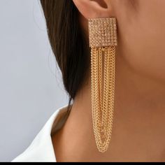 Long Chain Tassel Dangle Drop Earrings New Style High-Quality Fashion Crystals Jewelry Accessories For Women -Earring Type: Drop Earrings -Metals Type: Zinc Alloy -Style: Trendy -Shape\Pattern: Irregular -Selling Points: Crystal Earrings -Type: Long Metal Chain Tassel Earrings Elegant Metal Tassel Earrings For Party, Metal Tassel Drop Earrings For Party, Glamorous Dangle Tassel Earrings For Pierced Ears, Glamorous Dangle Tassel Earrings, Chic Dangle Tassel Earrings For Party, Metal Tassel Earrings For Party, Adjustable Chain Dangle Earrings For Evening, Elegant Metal Dangle Tassel Earrings, Evening Dangle Earrings With Adjustable Chain