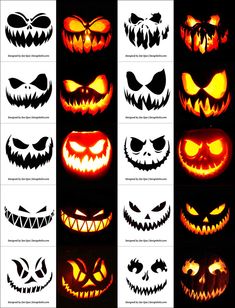 halloween pumpkins with scary faces on them, all lit up in different colors and shapes