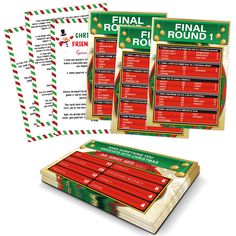 the final round of christmas games is on display in front of two envelopes with red and green stripes