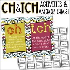 two posters with the words ch and tch in different colors, one has an image of