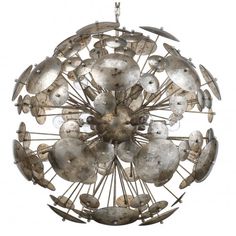 a metal chandelier hanging from a chain with birds on the top and bottom