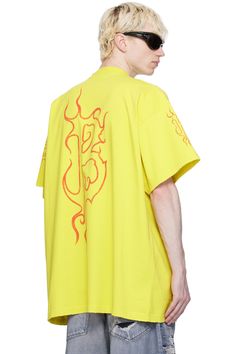 Balenciaga: Yellow Darkwave T-Shirt | SSENSE Logo Graphic, Jersey T Shirt, Rib Knit, Balenciaga, Crew Neck, Knitting, Yellow, Free Shipping, T Shirt