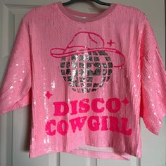 Mainstrip Hot Pink Sequin Disco Cowgirl Cropped Oversized Top, Size Large, Nwt. Cowgirl Top, Disco Cowgirl, Oversized Top, Pink Sequin, Hot Pink, Sequin, Womens Tops, Pink, Women Shopping