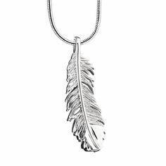 The Pendant Feather cremation jewelry piece is a delicate and intricate design, taking on the form of an exquisite feather. The feather reveals individual strands, enhancing the details of the pendant. The feather is cast in 925 sterling silver which is coated in a rhodium plating. The plating gives it a brilliant white sheen, and helps to enhance the durability of the delicate piece. It also comes with a sterling silver snake chain, which, at 20 inches long, sits gracefully across the neck and Feather Jewelry, Silver Snake Chain, Cremation Jewelry, Intricate Design, Snake Chain, Sterling Silver Pendants, Silver Pendant, Jewelry Pieces, Silver Necklace