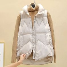 Ingvn Autumn Winter Down Cotton Soild Women's Vest Short Style 2021 Ne Fashion Stand, Women's Vest, Short Vest, White Jacket, Light Blue Denim, Sleeveless Vest, British Indian, Picture Sizes, Womens Vest