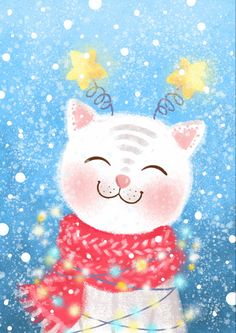 a white cat wearing a red scarf and stars on its head, with snow falling around it