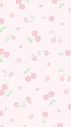 a pink wallpaper with flowers and hearts on it