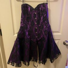 Purple And Black Lace Steel Bone Corset Mini Dress. Best Look With A Cupcake Petticoat Underneath. (Not Included.) Euc Pet And Smoke Free Home. Corset Size 26. Up To A D Cup. Corset Sizing Is Different From Standard Sizing! This Would Fit A Standard Dress Size 8-12 Bone Corset, Cup Corset, Steel Boned Corsets, Standard Dress, Corset Mini Dress, Corset Dress, Petticoat, Black Lace, Cupcake