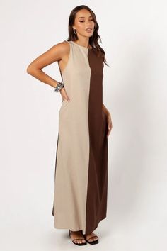 Lindi Maxi Dress - Brown/Beige - Petal & Pup USA Satin Dresses Long, Satin Dresses Long Sleeve, Black Tie Wedding Guests, White Dress Shoes, Color Block Design, Resort Dresses, Essential Dress, Bridesmaid Outfit, Dress Satin