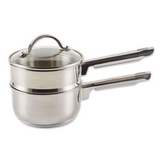 a stainless steel sauce pot with two spoons