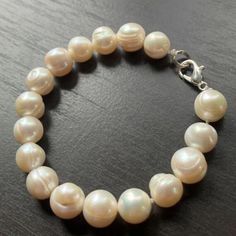 Hand Knotted 9 mm White Freshwater Pearls Bracelet, 7 inches, Silver tone