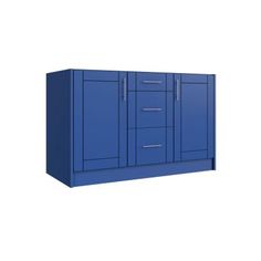 a blue cabinet with three doors and two drawers on each side, against a white background