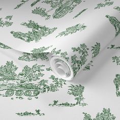 a green and white wallpaper with trees on it