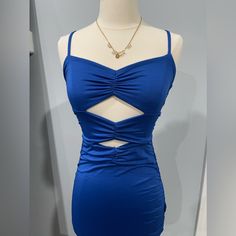 Model Using A Small. Blue Mini Dress With Spaghetti Straps For Homecoming, Blue Spaghetti Strap Mini Dress For Homecoming, Blue Spaghetti Strap Homecoming Mini Dress, Blue Mini Bodycon Dress For Club, Blue Sleeveless Bodycon Dress For Homecoming, Sleeveless Blue Bodycon Dress For Homecoming, Blue Mini Bodycon Dress For Night Out, Summer Royal Blue Bodycon Dress For Night Out, Royal Blue Bodycon Dress For Summer Night Out