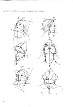 a drawing lesson showing how to draw the face and head with different angles, from one point