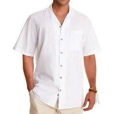 This men's short sleeve beach shirt is made of linen and cotton blend fabric, which make you feel breathable and comfortable. Perfect for your vacation wear in hot summer! Size: L.  Color: White.  Gender: male.  Age Group: adult. Solid Color Short Sleeve Beach Shirt, Solid Short Sleeve Shirt With Button Closure For Beach, Solid Color Summer Camp Shirt For Beach, Solid Color Camp Collar Short Sleeve Shirt For Vacation, Solid Camp Collar Short Sleeve Shirt For Vacation, Solid Color Button-up Short Sleeve Shirt For Beach, Solid Cotton Short Sleeve Beach Shirt, Cotton Short Sleeve Shirt For Beach, Solid Camp Shirt With Button Closure For Vacation