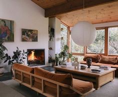 a living room filled with furniture and a fire place next to a window covered in plants