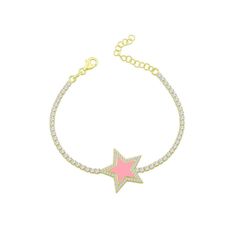 Surround yourself in stars and lift your spirits to heavenly heights! This mood-boosting dazzler couldn't be cuter–from its crystal-studded chain to its bubblegum-pink star charm, it's a bracelet made to keep you smiling. A fun and flirty piece that really shines when stacked with colorful, gem-packed bangles. 14k gold plated sterling silver Clear crystals Pink enamel star 6-7.25" Adjustable in length Pink Charm Bracelet, Star Crystal, Y2k Pink, Pink Star, Pink Enamel, Surround Yourself, Pink Stars, Bubblegum Pink, Crystal Bracelet