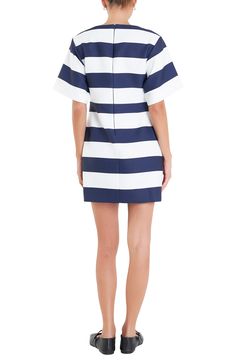 Wide stripes create eye-catching appeal on this timeless minidress framed by short sleeves and made with a hint of comfortable stretch. Hidden back-zip closure Jewel neck Short sleeves Lined 95% polyester, 5% spandex Hand wash, dry flat Imported Chic Striped Short Sleeve Mini Dress, Chic Striped Mini Dress With Short Sleeves, Striped Short Sleeve Mini Dress For Work, Navy Short Sleeve Mini Dress For Summer, Navy Short Sleeve Mini Dress For Work, English Factory, Strapless Maxi, Wide Stripes, Strapless Maxi Dress