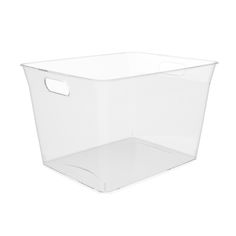 a clear plastic storage container with a white lid and handle on the bottom, for storing items