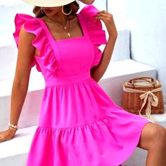 Pink Ruffled Dress Chic Dresses With Lined Ruffled Straps, Chic Lined Dresses With Ruffled Straps, Chic Dresses With Ruffled Straps And Lined, Sundress With Ruffles For Party, Mini Ruffle Dress For Garden Party, Lined Dress With Ruffled Straps For Date Night, Chic Mini Dress With Ruffles And Square Neck, Pink Midi Dress With Ruffled Straps For Brunch, Ruffled Sundress For Party