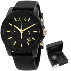 Men's Luxury Armani Exchange Gold & Black Dial Watch - Band New With Tags! - Limited Quanity -100% Authentic - Full Retail Package With All Accesories About The Watch: Dial Color: Black Water Resistance: 50 Meters / 165 Feet Case Size: 45 Mm Band Width: 22 Mm Case Diameter: 45 Mm Movement: Quartz Case Material: Stainless Steel Caseback: Solid Features: Chronograph, Date, Hour, Minute, Second Black Chronograph Watch With Chronometer As A Gift, Designer Black Chronograph Watch For Formal Occasions, Designer Black Chronograph Watch For Formal Events, Designer Black Watches With Subdials, Designer Black Watch Accessories With Tachymeter, Designer Black Watches Ideal For Gifts, Luxury Black Watch As A Gift, Luxury Black Watch As Gift, Designer Black Watch As Gift