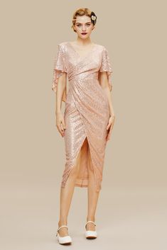 Glamorous V-neck Evening Dress With Contrast Sequin, Gold V-neck Sequin Dress For Formal Occasions, Sequin V-neck Evening Dress For Party Season, Gold V-neck Midi Dress For Party, Gold V-neck Midi Dress For Party Season, Glamorous Embellished V-neck Midi Dress, Gold V-neck Evening Dress For Summer, Glamorous V-neck Contrast Sequin Dress, Glamorous V-neck Sequin Dress With Contrast