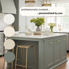 a kitchen island with two stools in front of it and the words, professionally curated personalized by you