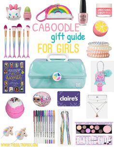 a collection of gifts for girls with the words, caboodle gift guide for girls