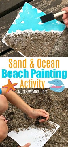 sand and ocean beach painting activity for kids to do with their hands on the ground