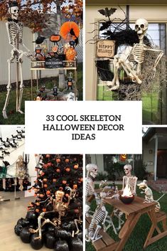 halloween decorations that include skeletons and pumpkins