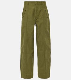 High-rise cotton barrel-leg pants in green - Frame | Mytheresa Green High-waisted Cotton Cargo Pants, High-waisted Green Cotton Cargo Pants, Cotton Wide Leg Pants With Belt Loops For Spring, Spring Wide Leg Cotton Pants With Belt Loops, Spring Cotton Wide Leg Pants With Belt Loops, Green Cotton Wide Leg Pants With Cargo Pockets, Utility Cotton Straight Leg Jeans, High Waist Khaki Cotton Jeans, Khaki High Waist Cotton Jeans