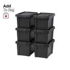 six black plastic storage containers stacked on top of each other with the words add to bag above them