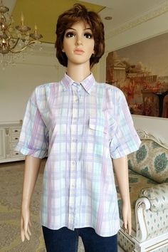 "western shirt cowgirl Shirt Hippie Shirt grunge shirt womens shirt lavender shirt Plaid shirt Vintage short Sleeve shirt XL 65% - polyeter, 35% - cotton made iin Indonesie Please refer to photos for details of condition. Condition: very good vintage Measurements : Length: 66 cm/26\" Sleeve : 23 cm/9.1\" Shoulder to shoulder: 45cm/17.7\" Bust: 116cm/45.7\" Waist 110cm/43.3\" Size XL note The color on the pictures may vary due to monitor settings and light reflections. Ready to ship Please do not Formal Blouses, Lavender Shirt, High Collar Blouse, Black Ruffle Top, Grunge Shirt, Hippie Shirt, Black Lace Blouse, Lace Sleeveless Top, White Lace Blouse