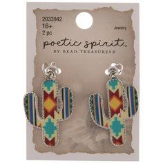 Give your jewelry project the perfect finishing touch! Southwestern Cactus Pendants are formed with metal that has a shiny metallic finish and dotted edges. The cacti are filled in with a colorful Southwestern-style pattern with red, orange, yellow, and blue colors. Use the jump rings to add these to a necklace. Details: 	 Length: 1 7/16" 	 Width: 13/16" 	 Metal Color: Silver Card contains 2 pendants. Adjustable Multicolor Western Jewelry, Southwestern Style Multicolor Nickel-free Jewelry, Handmade Multicolor Western Jewelry, Handmade Western Multicolor Jewelry, Southern Jewelry, Silver Card, Cactus Earrings, Jewelry Charms Pendants, Sea Glass Crafts