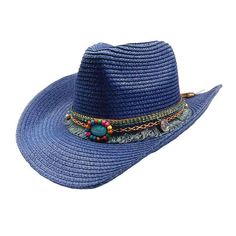 Straw cowboy hat for women. Colorful embroidered tassel band with turquoise beaded concha. C-crown with pinched front. Curled 3" wide brim with wired edge to shape. Inner drawstring to adjust fit. One size. 100% paper braid. Blue Flat Brim Sun Hat For Festival, Adjustable Fringe Hats, Blue Curved Brim Sun Hat For Country Events, Blue Sun Hat With Curved Brim For Country Events, Western Blue Sun Hat With Flat Brim, Western Style Blue Sun Hat With Flat Brim, Blue Curved Brim Sun Hat For Rodeo, Blue Brimmed Sun Hat For Rodeo, Western Blue Wide Brim Sun Hat