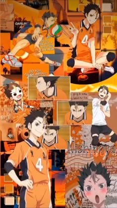 an image of anime characters collaged together in orange and black colors with the caption mish - tokyo