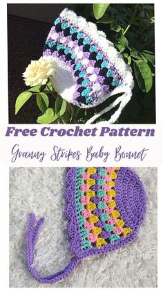 two crocheted hats with flowers on top and the words free crochet pattern granny stripes baby bonnet