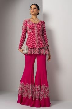 Pink layered jacket with trellis, floral hand embroidery using cutdana beads. Paired with a sharara with floral embroidered panel. - Aza Fashions Festive Long Sleeve Palazzo Set For Reception, Long Sleeve Georgette Palazzo Set With Zari Work, Bollywood Style Long Sleeve Palazzo Set For Reception, Long Sleeve Sharara For Diwali Reception, Georgette Sharara With Resham Embroidery, Designer Long Sleeve Sharara With Mirror Work, Designer Long Sleeve Sharara For Diwali, Long Sleeve Palazzo Set For Navratri Reception, Festive Long Sleeve Georgette Palazzo Set