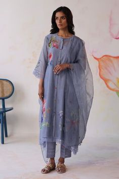 Buy Blue Kurta Chanderi Silk Applique Hand Amaltas Pant Set For Women by Begum Pret Online at Aza Fashions. Chanderi Dupatta, Blue Kurta, Vintage India, Women Kurta, Blue French, French Knots, Beaded Neckline, Straight Kurta, Hand Applique