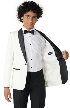 He'll look strikingly dapper in this simple black and off-white combo featuring a tuxedo-style two-button suit jacket with trousers and a complementary tie. Style Name:Opposuits Kids' Black & White Two-Piece Suit With Tie (Big Boy). Style Number: 6149572. Classic White Sets For Black Tie Occasions, White Single Breasted Formal Sets, Formal White Single-breasted Set, White Single-breasted Formal Sets, White Single Button Tuxedo With Suit Collar, White Single-button Tuxedo With Suit Collar, White Single Button Tuxedo Suit, White Tuxedo Blazer For Black Tie Events, White Notch Lapel Tuxedo For Black Tie