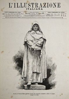 an old book with a drawing of a person wearing a cloak and standing in front of a statue