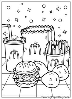 a hamburger and fries coloring page