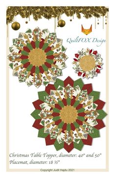 the christmas table topper pattern is shown in red, green and gold with an orname