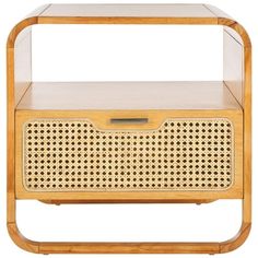 a wooden and glass side table with an open shelf on the top, in front of a white background