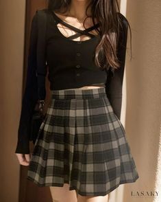 Lasaky - Refined Slim Fit T-Shirt paired with Plaid Pleated Skirt Casual Fake Two-piece Mini Skirt, Short Skirts Outfits, Plaid Pleated Skirt, Professional Attire, Really Cute Outfits, Cute Skirts, Edgy Outfits, Skirt Outfits, Cute Fashion