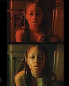 two different images of a woman with braids and makeup in the same photo, one is