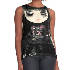 Women's sleeveless tank with vivid edge-to-edge sublimation print on front. Spliced materials for comfort. Front panel made from silky chiffon and solid color black or white jersey back. Sizes available XS- 2XL. Traveling Circus Blythe by Jenny Lee Traveling Circus, Jenny Lee, White Jersey, Sleeveless Tank, Performance Art, Circus, Sleeveless Top, Chiffon, Solid Color